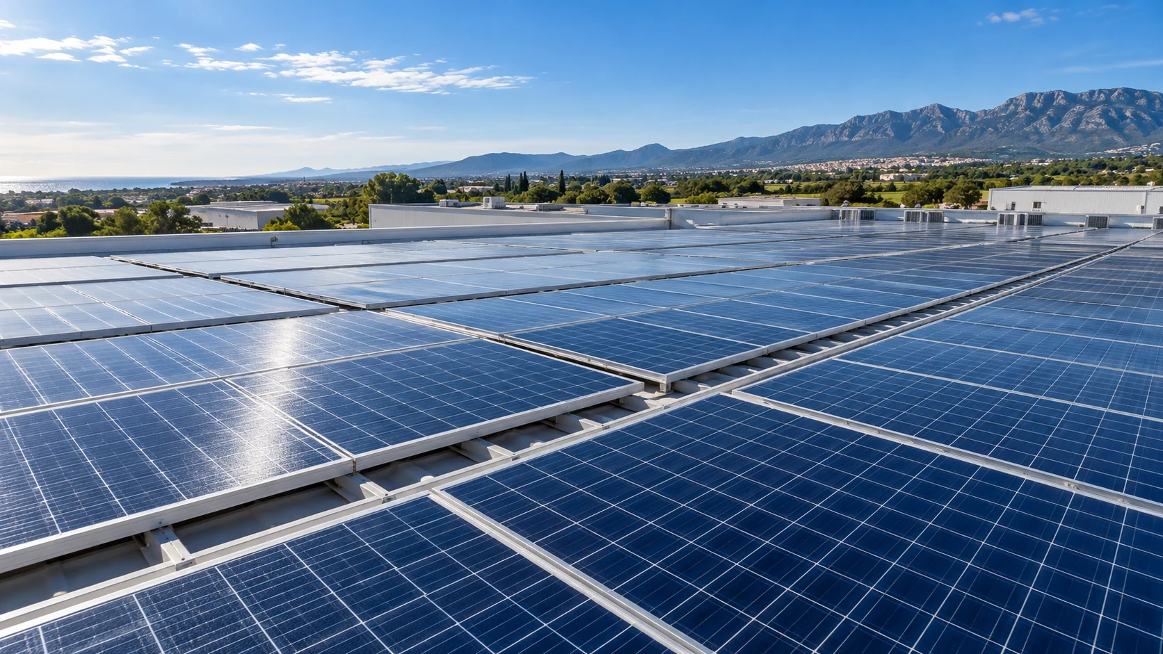 Paneles solares en una cubierta industrial.